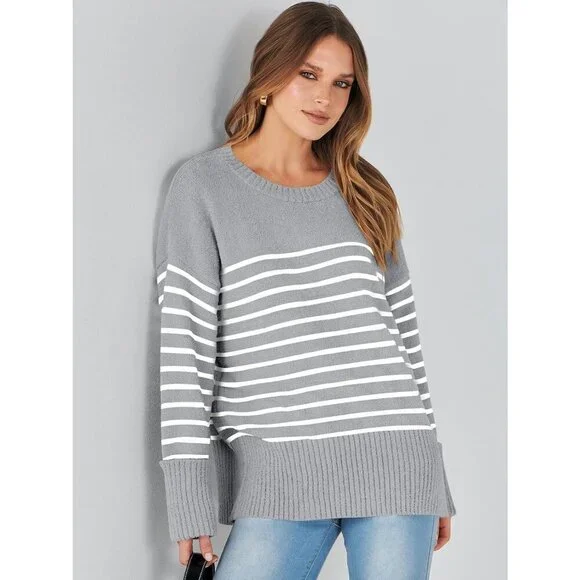 Women's Grey White Stripe Oversized Long Sleeve Casual Fuzzy Knit Sweaters - Picture 9 of 9